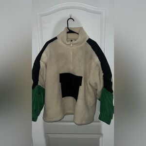 Cozy Cream and Black Fleece Pullover with Green Sleeves